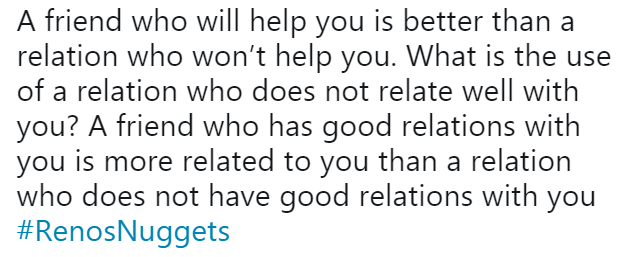 'A friend who will help you is better than a relation who won’t help you'- Reno Omokri