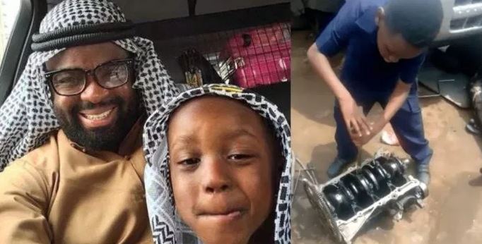 Kunle Afolayan Enrols His Son In A Local Mechanic Workshop