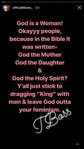 “Leave God out of feminism” – Tboss Warns Feminists