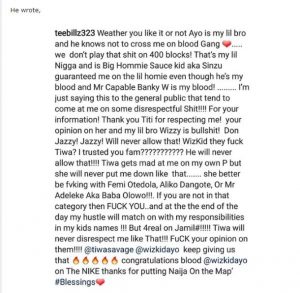 Teebillz deletes his controversial post about Wizkid and Tiwa Savage