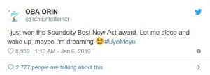 'Maybe I’m Dreaming' -Teni Gets Emotional As She Wins Best New Act At Soundcity MVP Awards