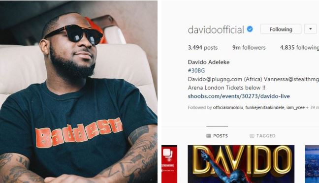 Davido Becomes The First Nigerian Celebrity With 9 Million Followers On Instagram