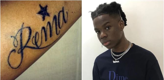 Nigerian lady, Lavida Muna, tattoos Rema's name on her body.