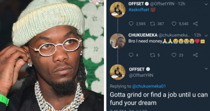 American Rapper Offset replies Nigerian man on Twitter begging him for money