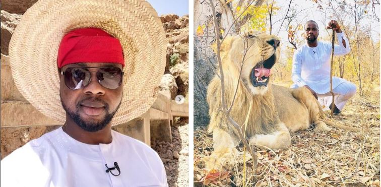See celebrities reactions as Adebola Williams takes a stroll with a Lion (Video)