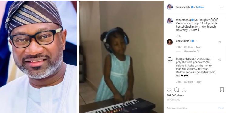 Femi Otedola offers scholarship to little girl singing DJ Cuppy’s new song Gelato