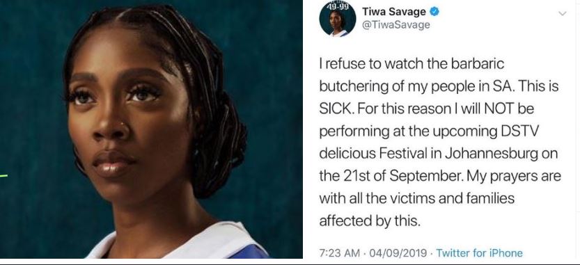 #Xenophobia: Tiwa Savage pulls out of South African event over the attacks against Nigerians