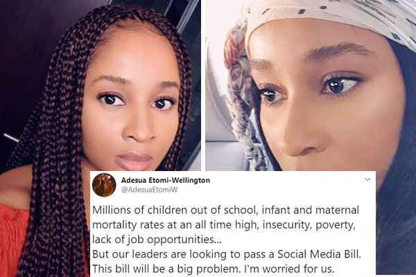 Nollywood actress Adesua Etomi-Wellington expresses her concern over the social media bill