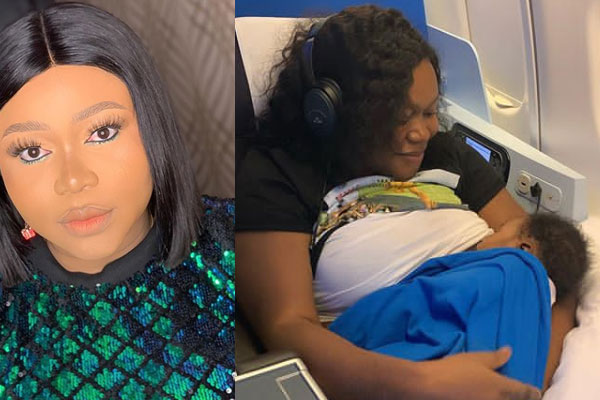 Ruth Kadiri Breast feeds her newborn in the airplane as they head to Dubai