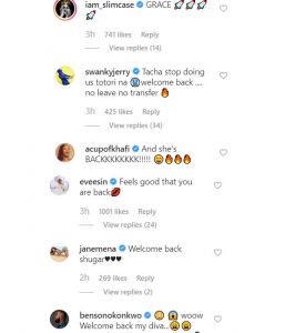 Tacha gets a rousing welcome from fans on Instagram