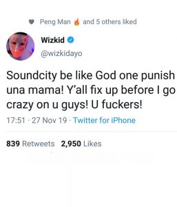 Wizkid deletes his tweet after raging