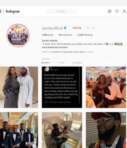 Davido tops the list of nigerian celebrities on Instagram as he hits 15million Instagram followers