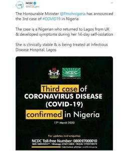 3rd case of Coronavirus confirmed in Nigeria
