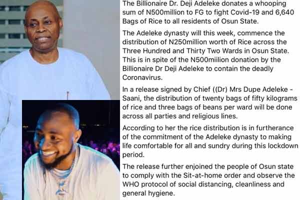 N500Million, Deji Adeleke, Davido, covid-19