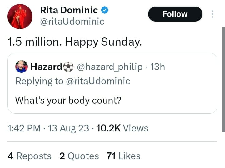 Rita Dominic spills on her body count