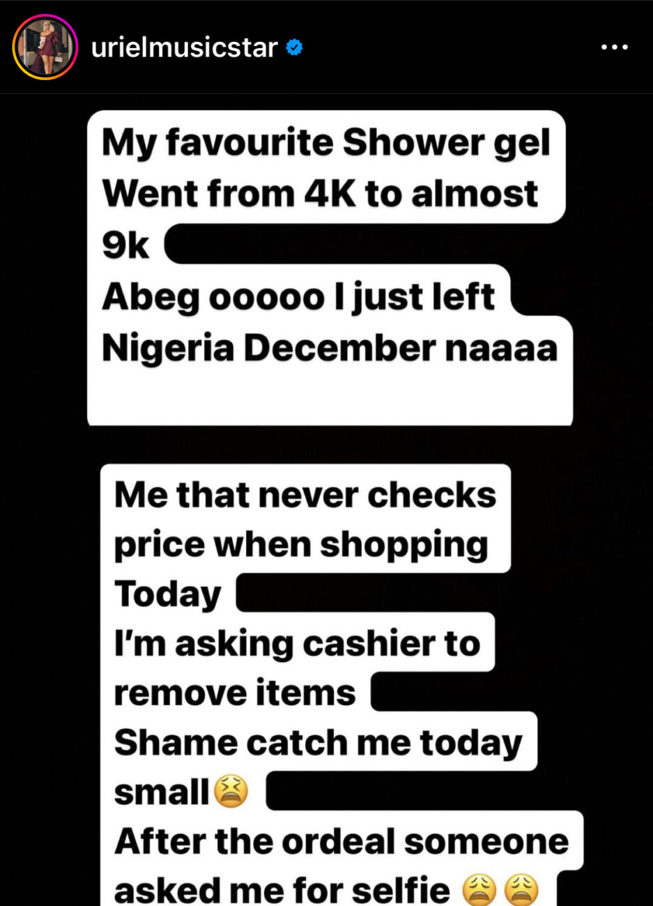 Uriel's post on Instagram where she lamented over the cost of living in Nigeria.
