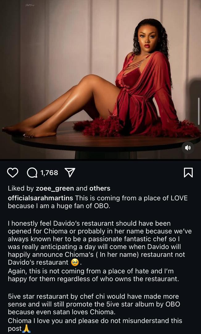 “I honestly feel Davido’s restaurant should have been opened for Chioma or probably in her name because we’ve always known her to be a passionate, fantastic chef,” she wrote.