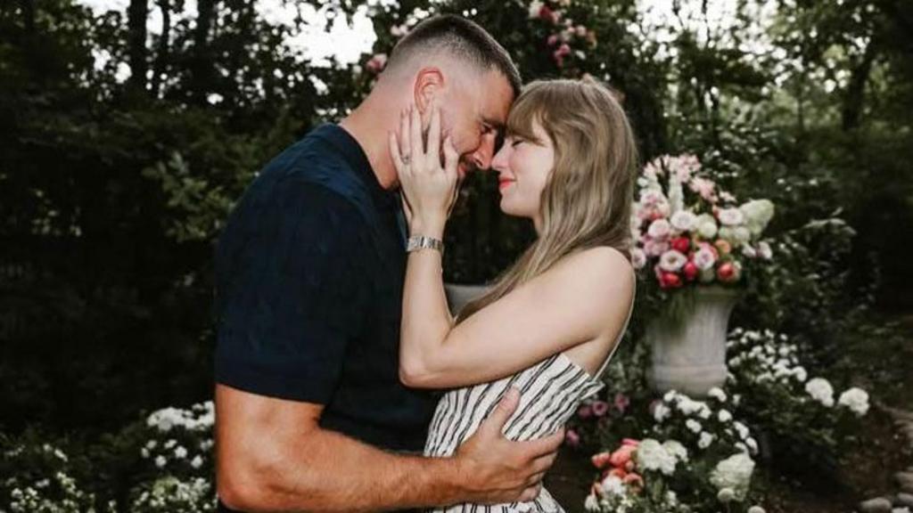 Taylor Swift and Travis Kelce smiling after engagement announcement in Nashville.