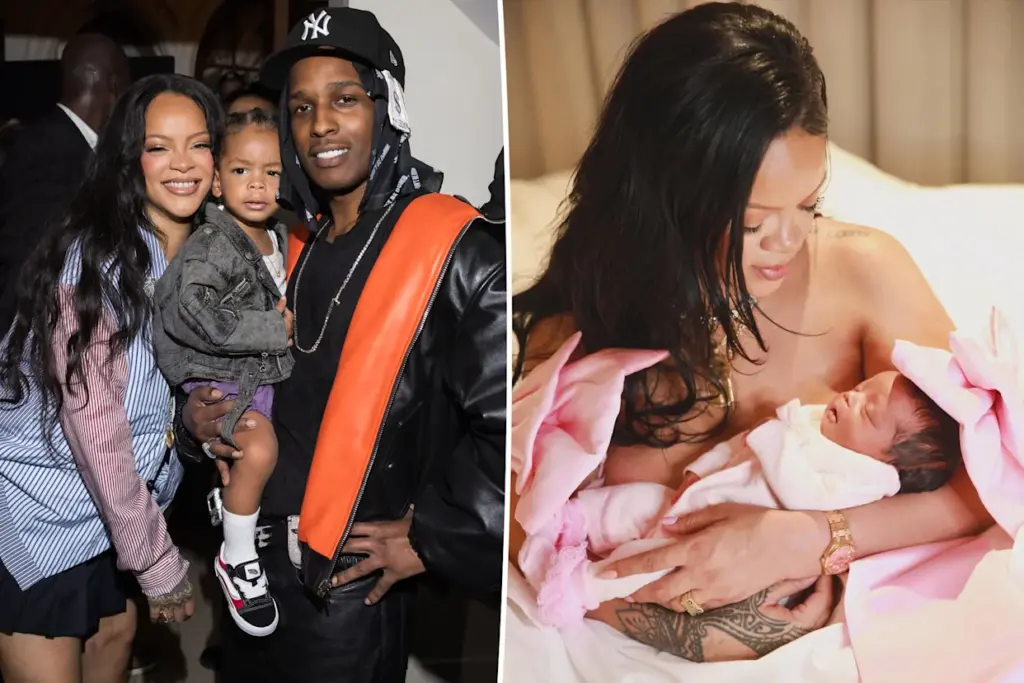 Rihanna holding her newborn daughter Rocki Irish Mayers after giving birth in Los Angeles