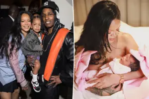 Rihanna holding her newborn daughter Rocki Irish Mayers after giving birth in Los Angeles