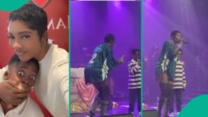 Tiwa Savage’s son Jamal rapping to her latest song at a live event in London