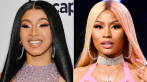 Cardi B arguing with Nicki Minaj during a viral rap feud over pregnancy comments
