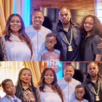 Rema standing outside his childhood church in Benin City with his mother during a community visit.