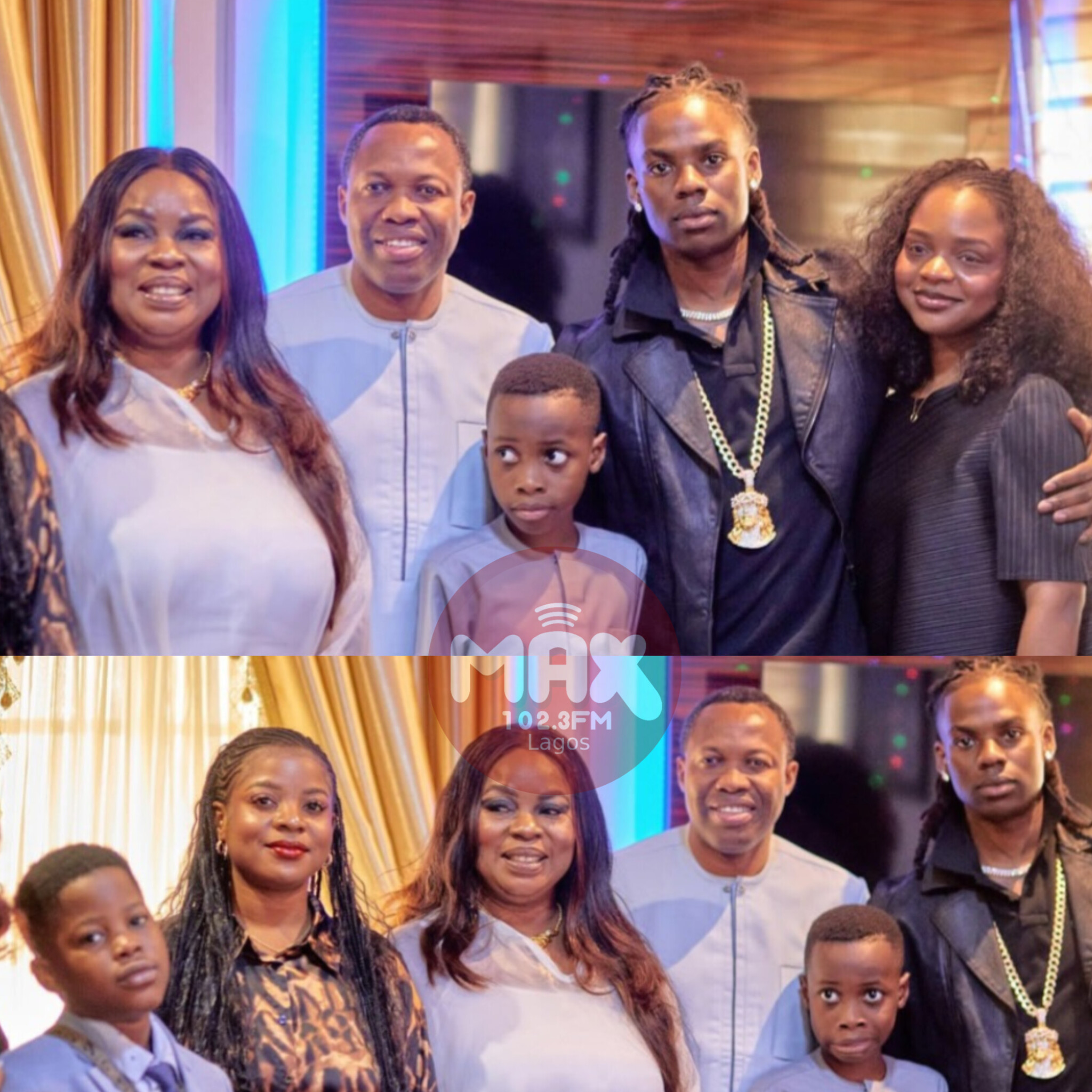 Rema standing outside his childhood church in Benin City with his mother during a community visit.
