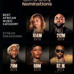Top African artists with high streams for the Best African Music Grammy 2026 nominations, including Davido, Tyla, and Burna Boy.