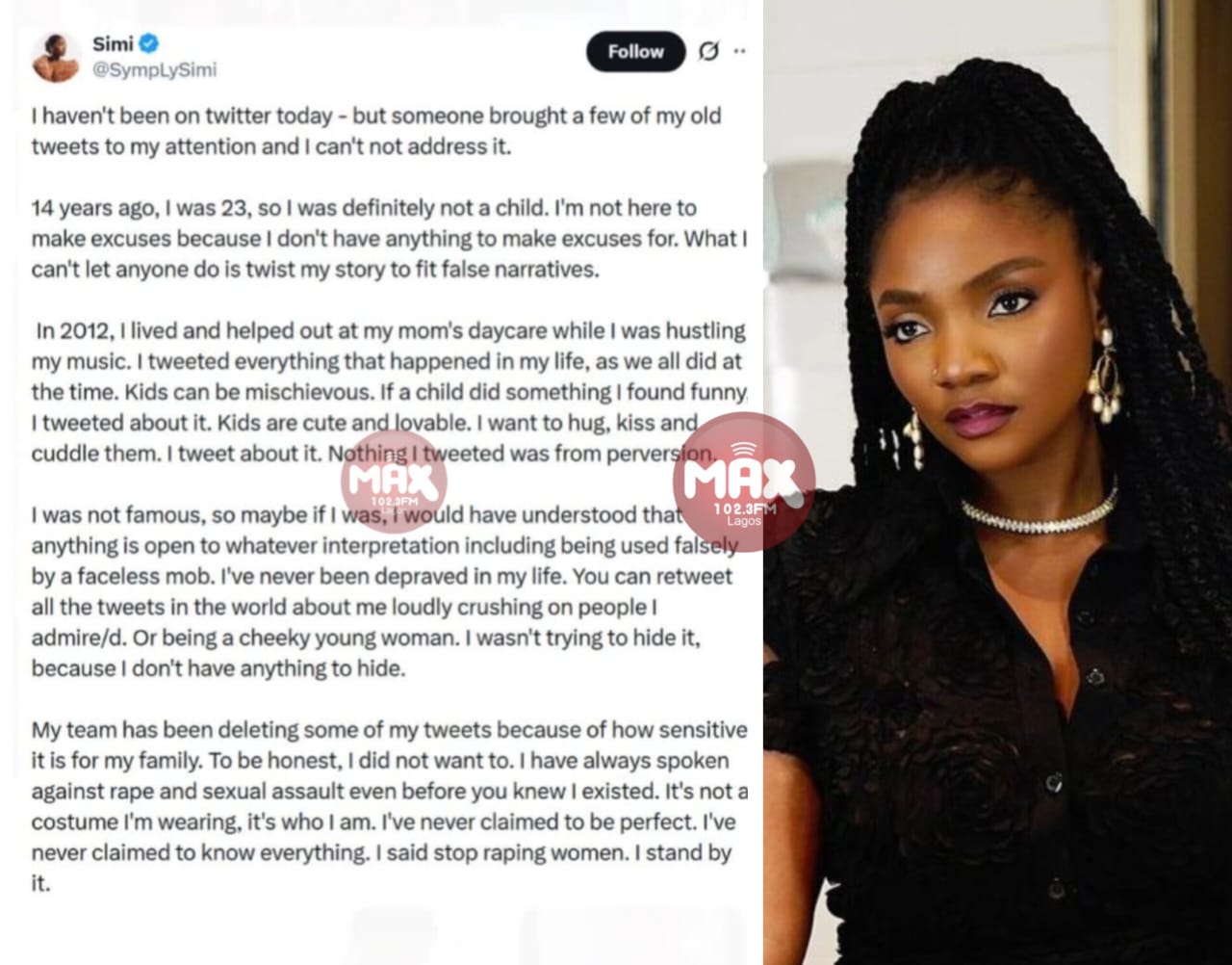 Portrait of Simi speaking about the Simi old tweet controversy and explaining the original context.