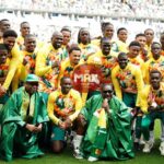 Senegal team parades AFCON trophy in France during Senegal AFCON trophy controversy after beating Peru 2-0.