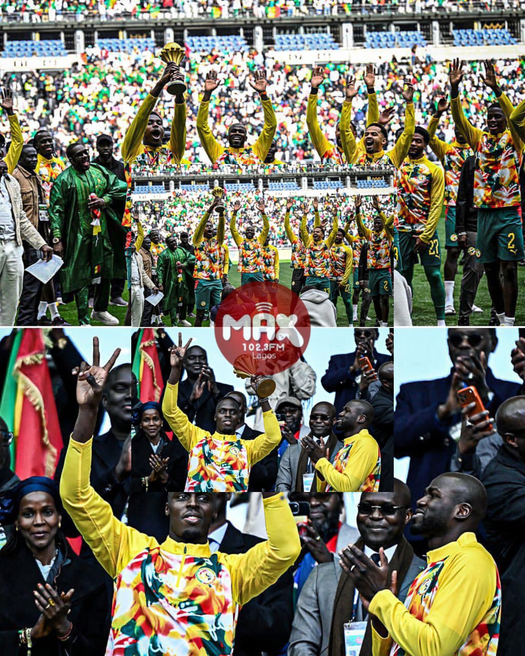 Senegal team parades AFCON trophy in France during Senegal AFCON trophy controversy after beating Peru 2-0.