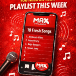 Collage of Nigerian music stars Asake, Davido, Wizkid, Burna Boy, Ayra Starr, Teni, Omah Lay, Young Jonn, Wande Coal, and Seyi Vibez featured in MAX FM's New Music Monday playlist.