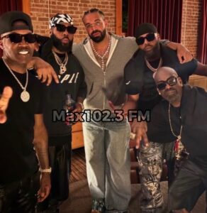 Drake honours legendary R&B group Jagged Edge during his Nike NOCTA party in New Jersey.
