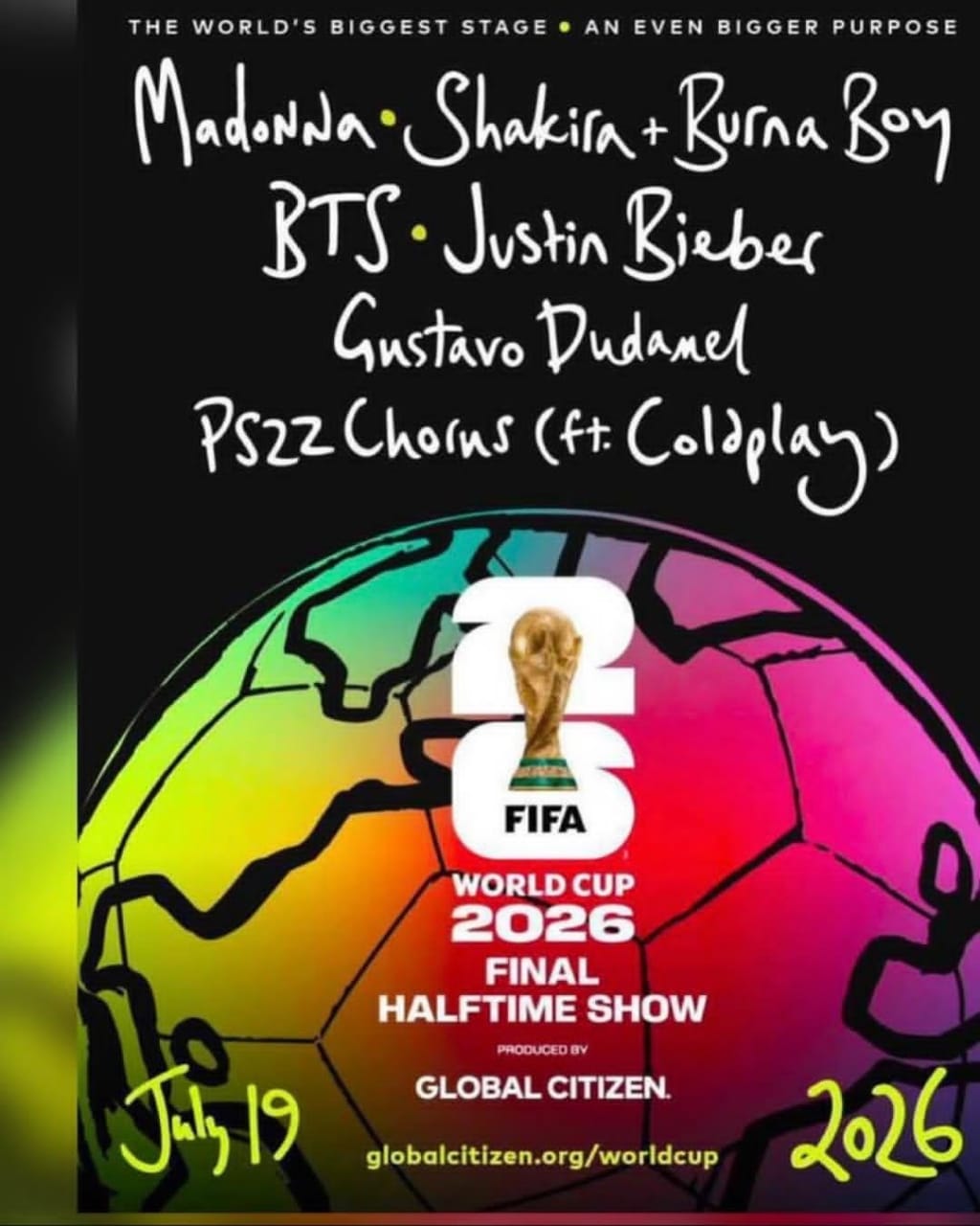 Burna Boy performs on stage ahead of the FIFA World Cup 2026 Final halftime show alongside Shakira.