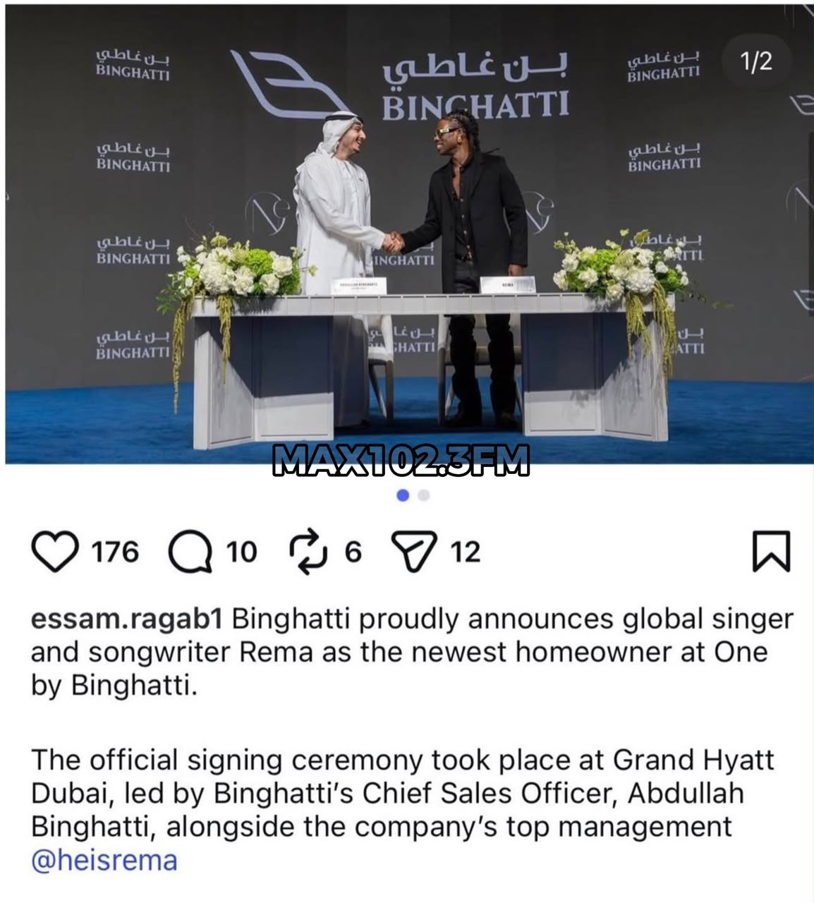 Rema signs documents after purchasing a luxury home at One by Binghatti in Dubai.